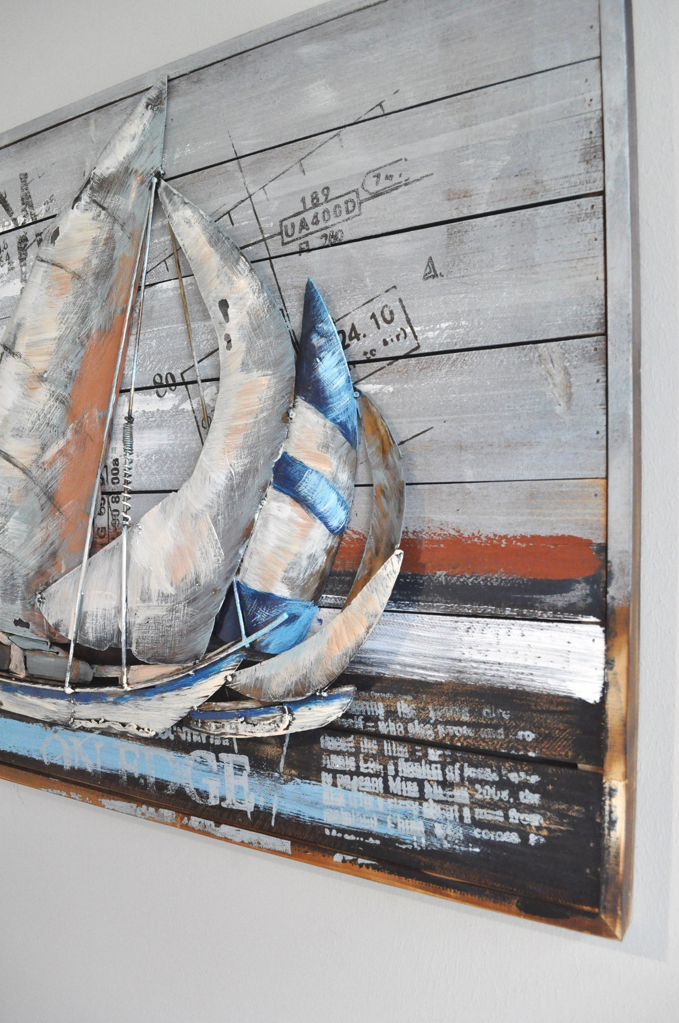 3D Wandbild "COOPER M " aus Metall/Holz "Segelschiff mit Weltkarte auf dem Meer 120 x 60 cm Schöne Deko