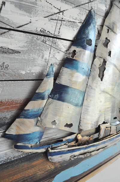 3D Wandbild "COOPER M " aus Metall/Holz "Segelschiff mit Weltkarte auf dem Meer 120 x 60 cm Schöne Deko