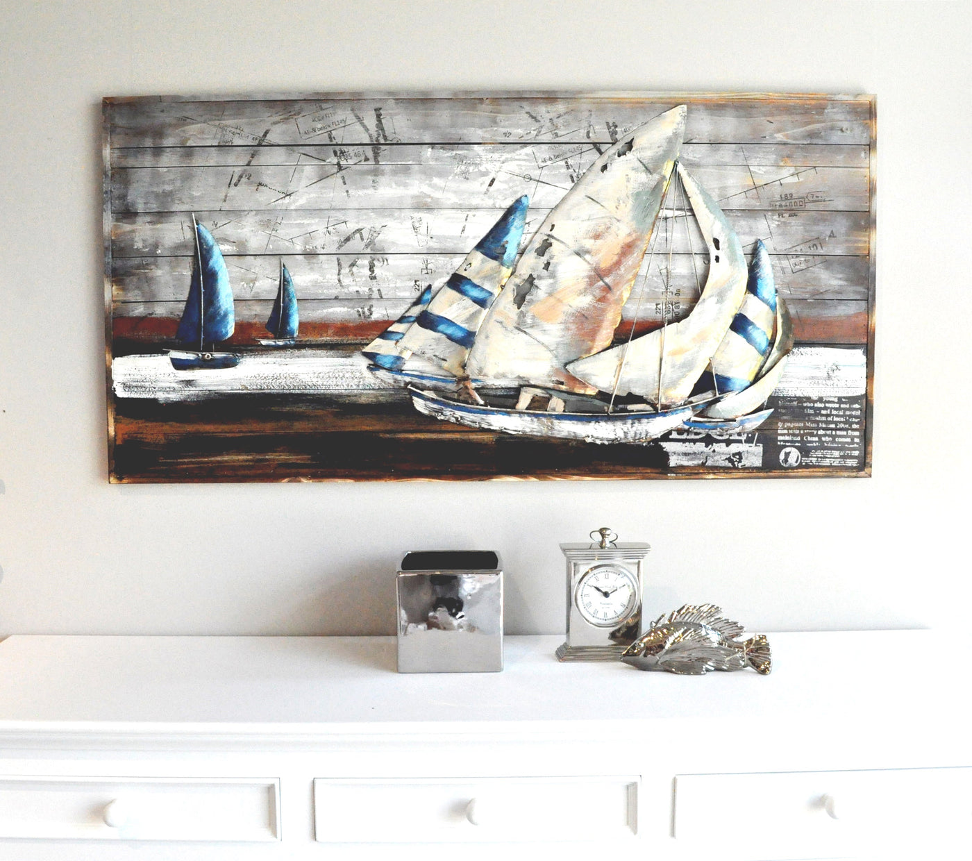 3D Wandbild aus Holz und Metall "COOPER XL "  "Segelschiff mit Weltkarte auf dem Meer 140 x 70 cm Schöne Deko