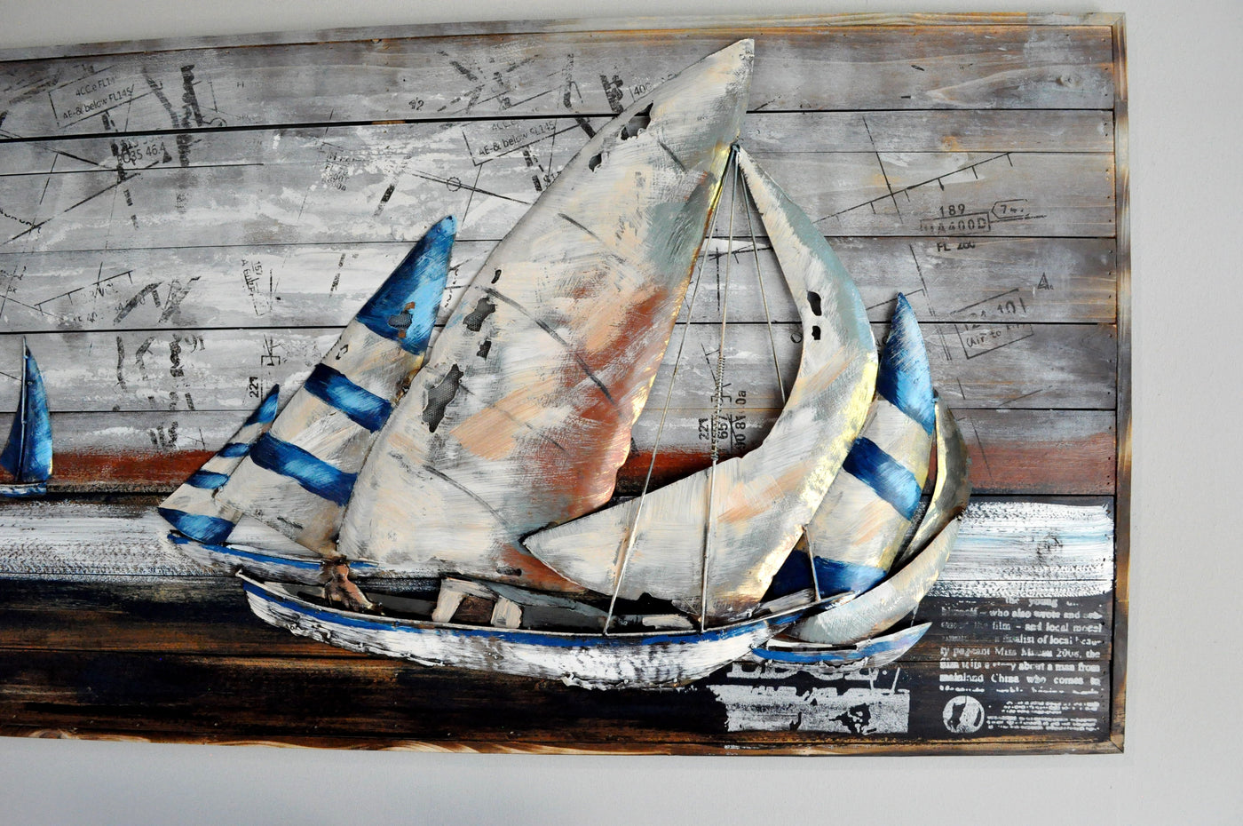 3D Wandbild aus Holz und Metall "COOPER XL "  "Segelschiff mit Weltkarte auf dem Meer 140 x 70 cm Schöne Deko
