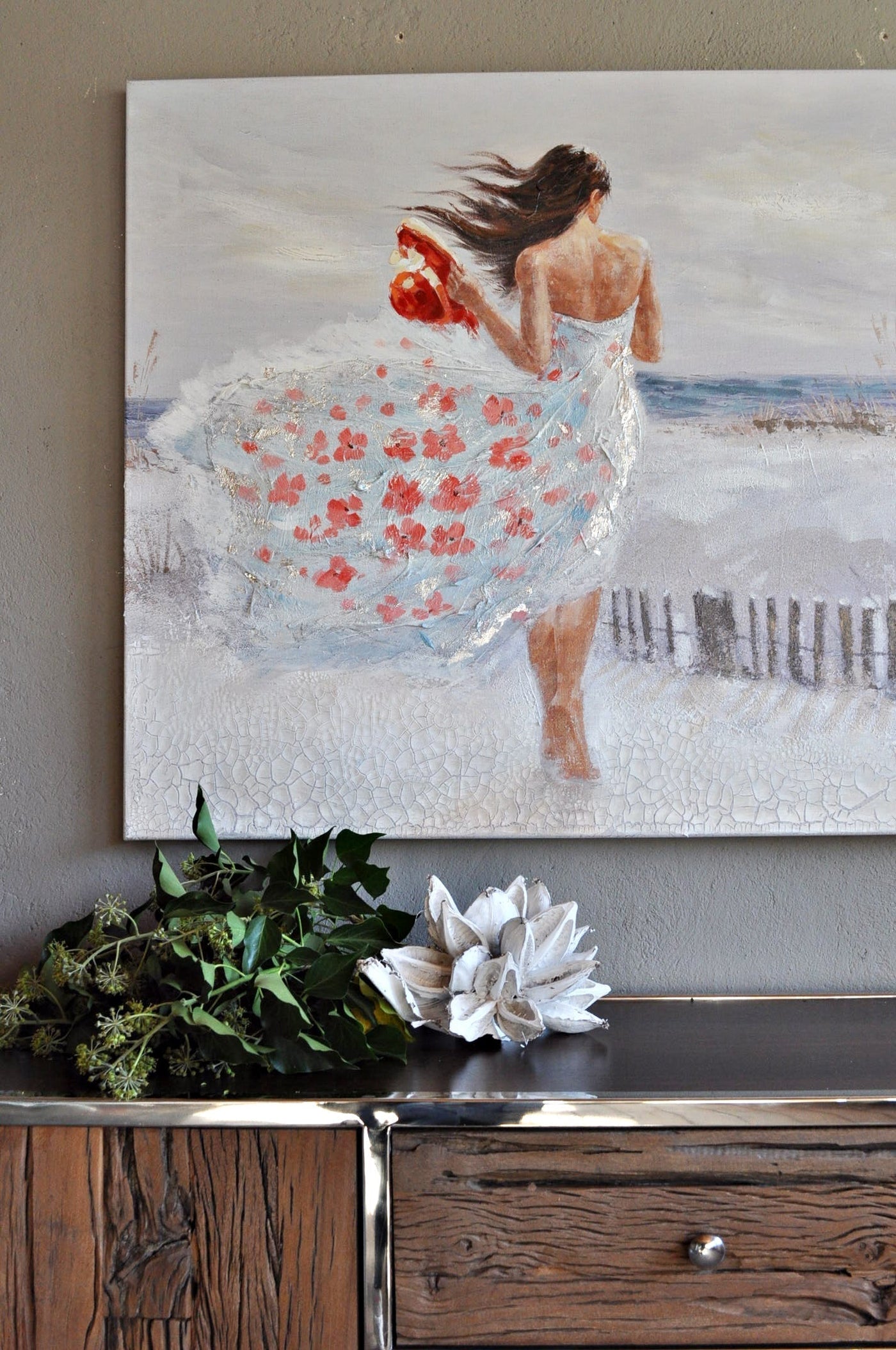 Leinwand Bild Frau am Strand mit Blumenkleid 90 x 120 cm Schöne Deko