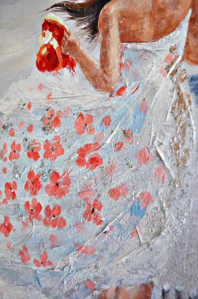 Leinwand Bild Frau am Strand mit Blumenkleid 90 x 120 cm Schöne Deko