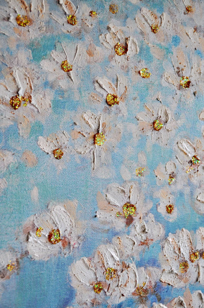 Leinwand Blumen Wiese in hellblau mit Glitzernektar 70 x 140 cm Schöne Deko