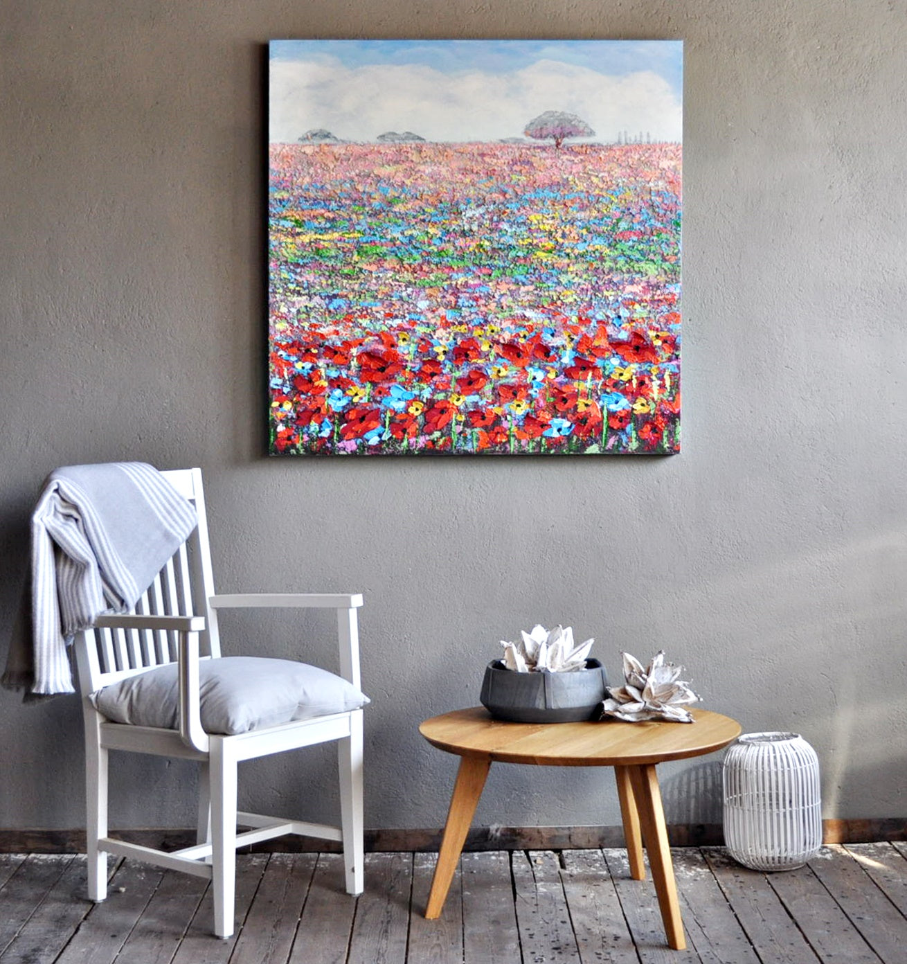 Leinwand Mohnblumen Wiese in Knallbunt 100 x 100 cm Schöne Deko