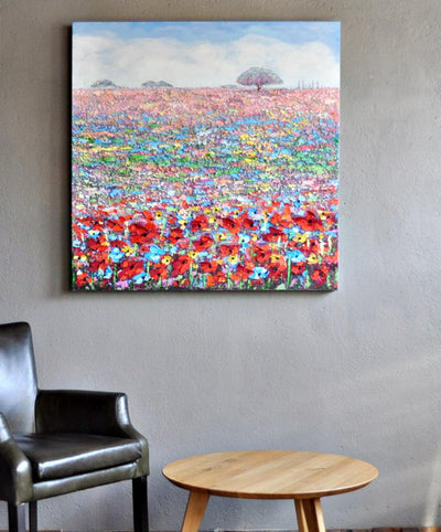 Leinwand Mohnblumen Wiese in Knallbunt 100 x 100 cm Schöne Deko