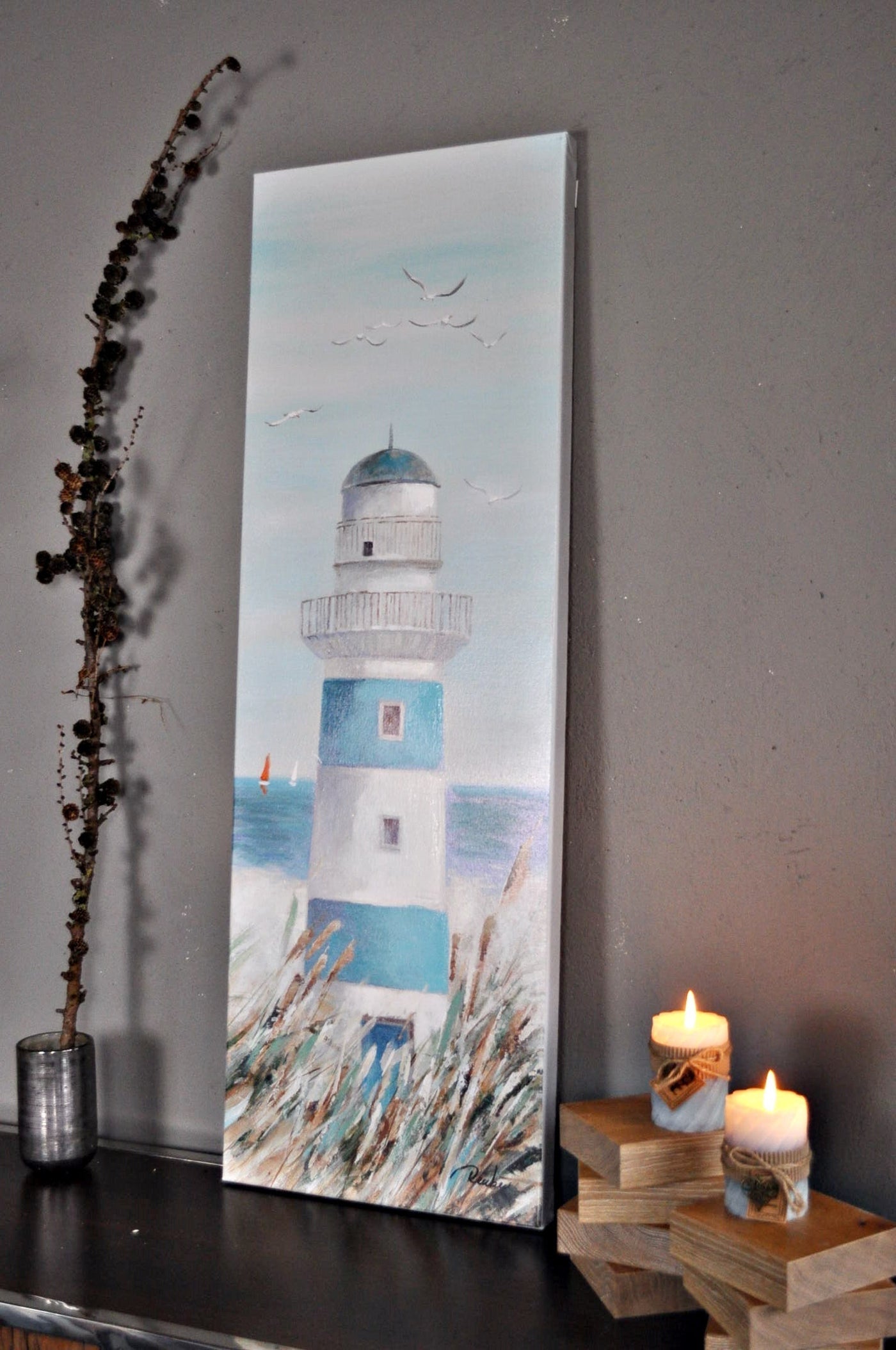 Leinwand Ölbild Leuchtturm am Strand 120 x 40 cm Schöne Deko