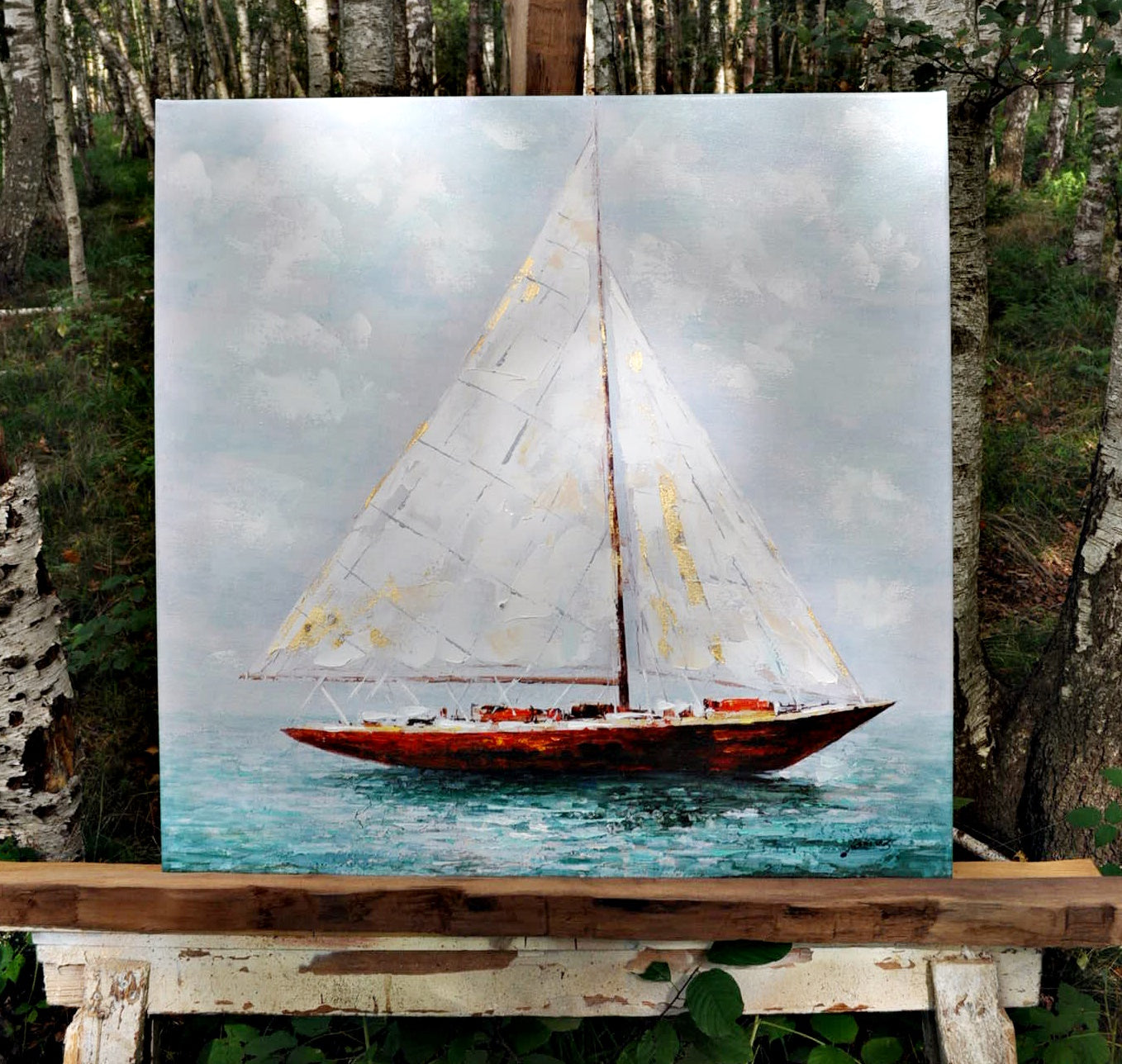 Leinwand Segelboot in Rot mit Blattmetall 80 x 80 cm Schöne Deko