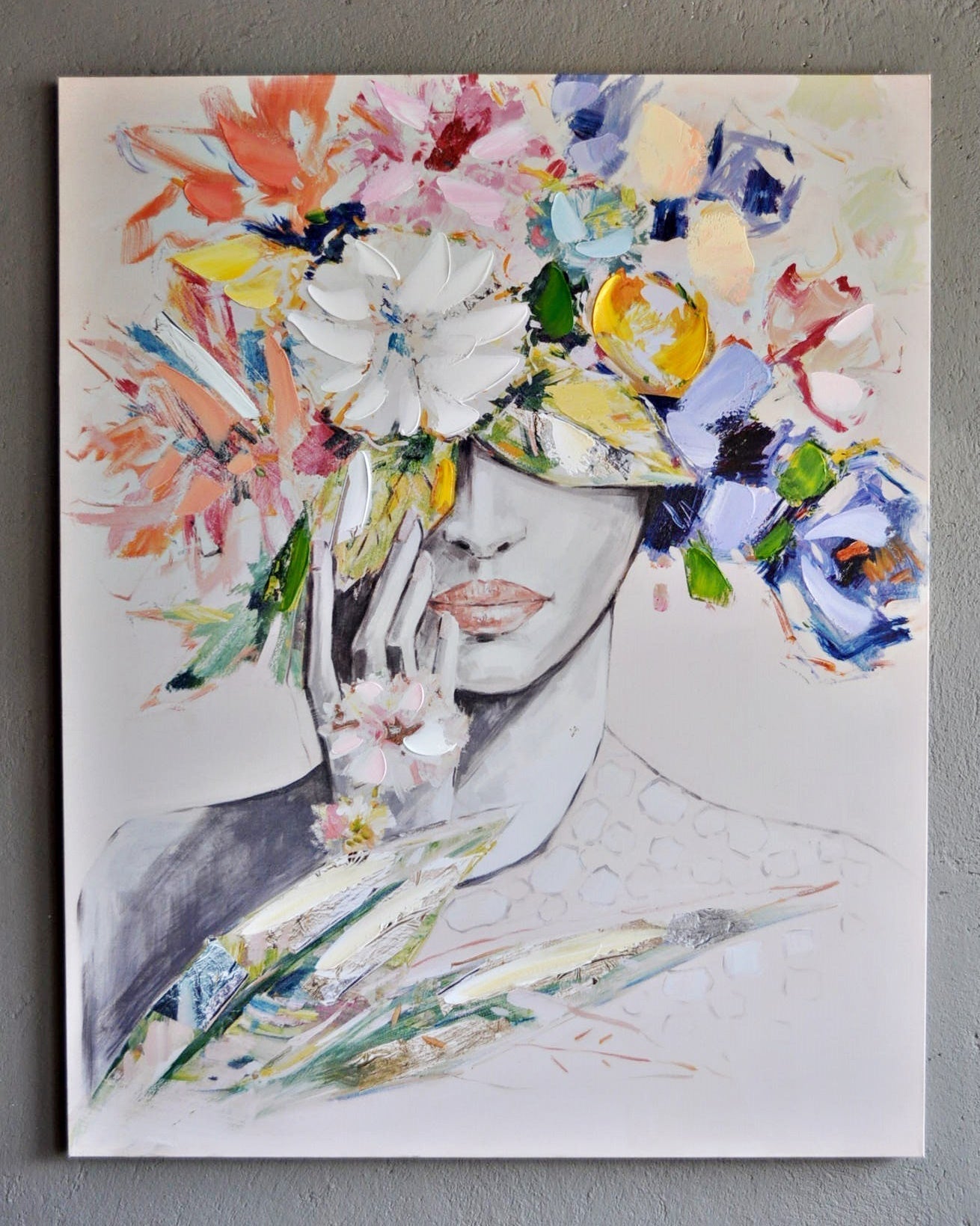 Leinwandbild "Frau Schönheit mit Blumenhut 100 x 80 cm Schöne Deko