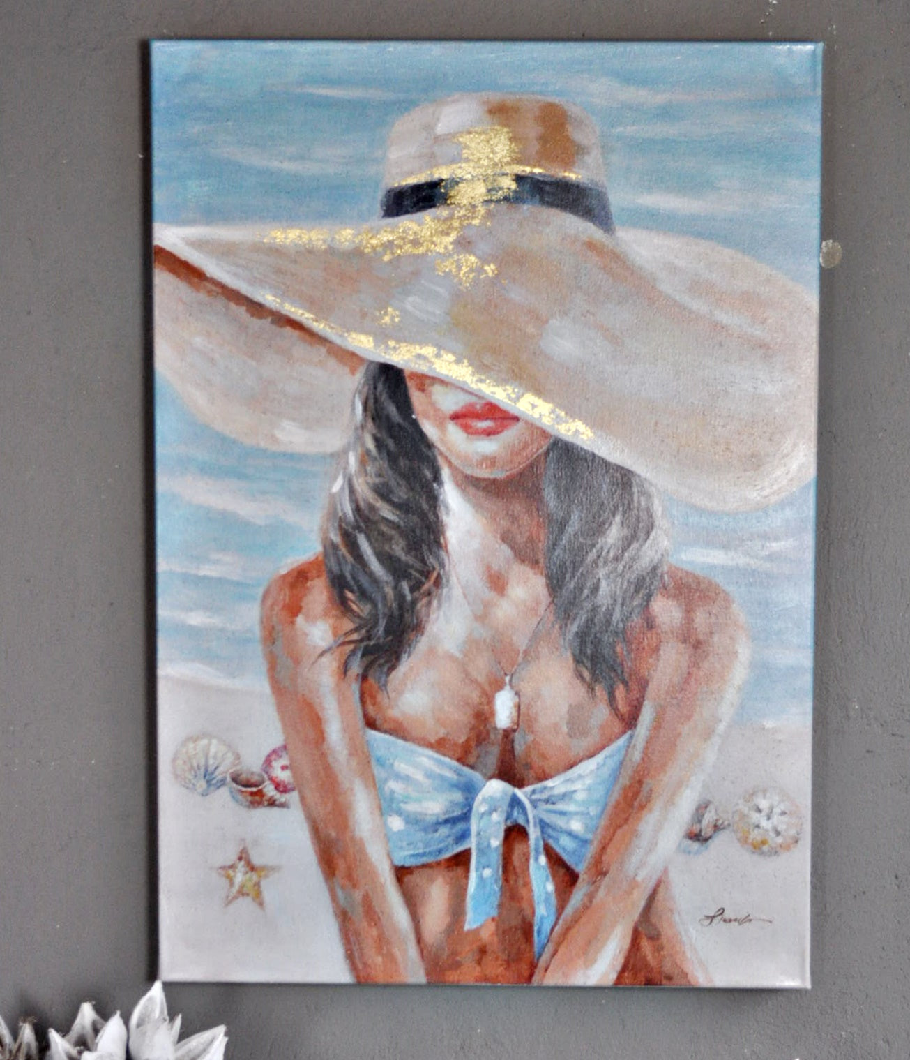 Leinwandbild " Frau am Strand mit Strohhut 100 x 70 cm Schöne Deko