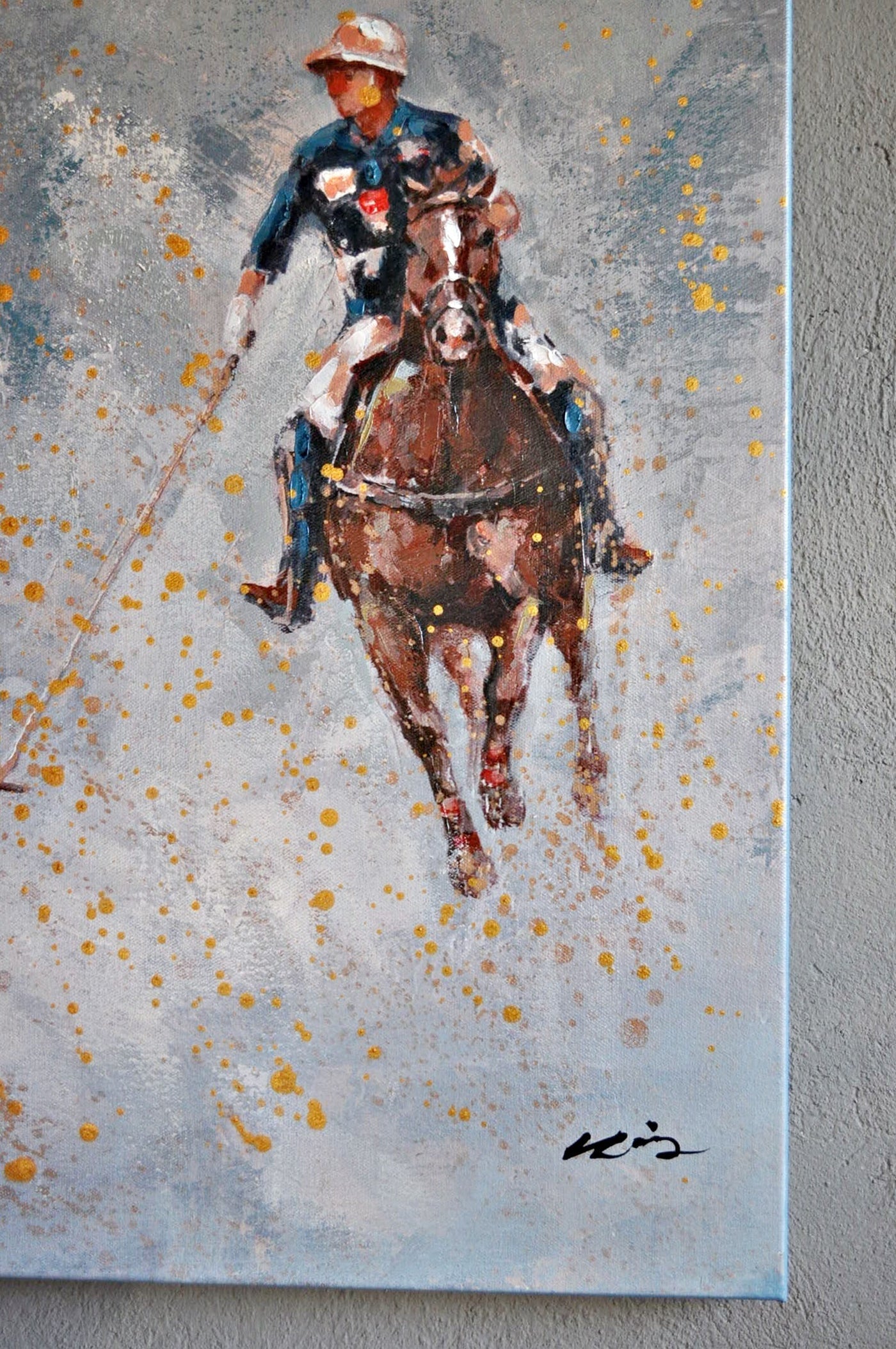 Leinwandbild gemalt Pferdebild Polo Spieler auf Pferd Schöne Deko