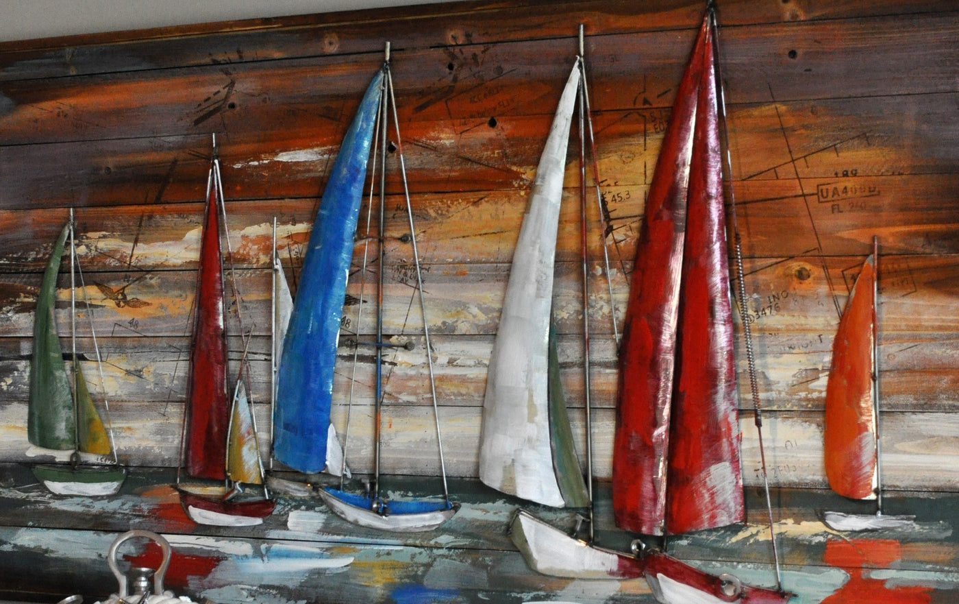 Wandbild "NOVA" aus Metall/Holz "Segelschiff mit Weltkarte auf dem Meer 140 x 70 cm Schöne Deko