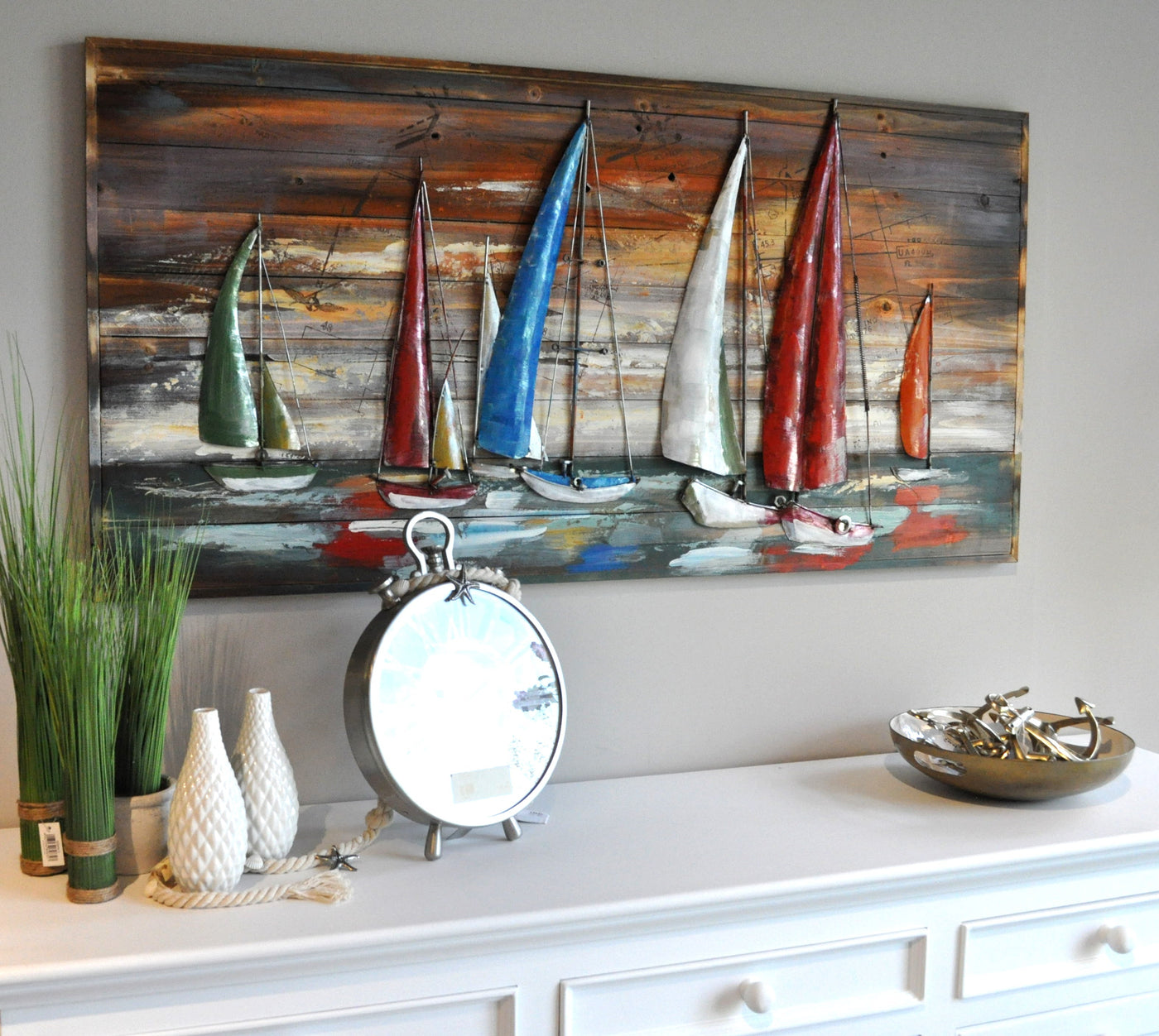 Wandbild "NOVA" aus Metall/Holz "Segelschiff mit Weltkarte auf dem Meer 140 x 70 cm Schöne Deko