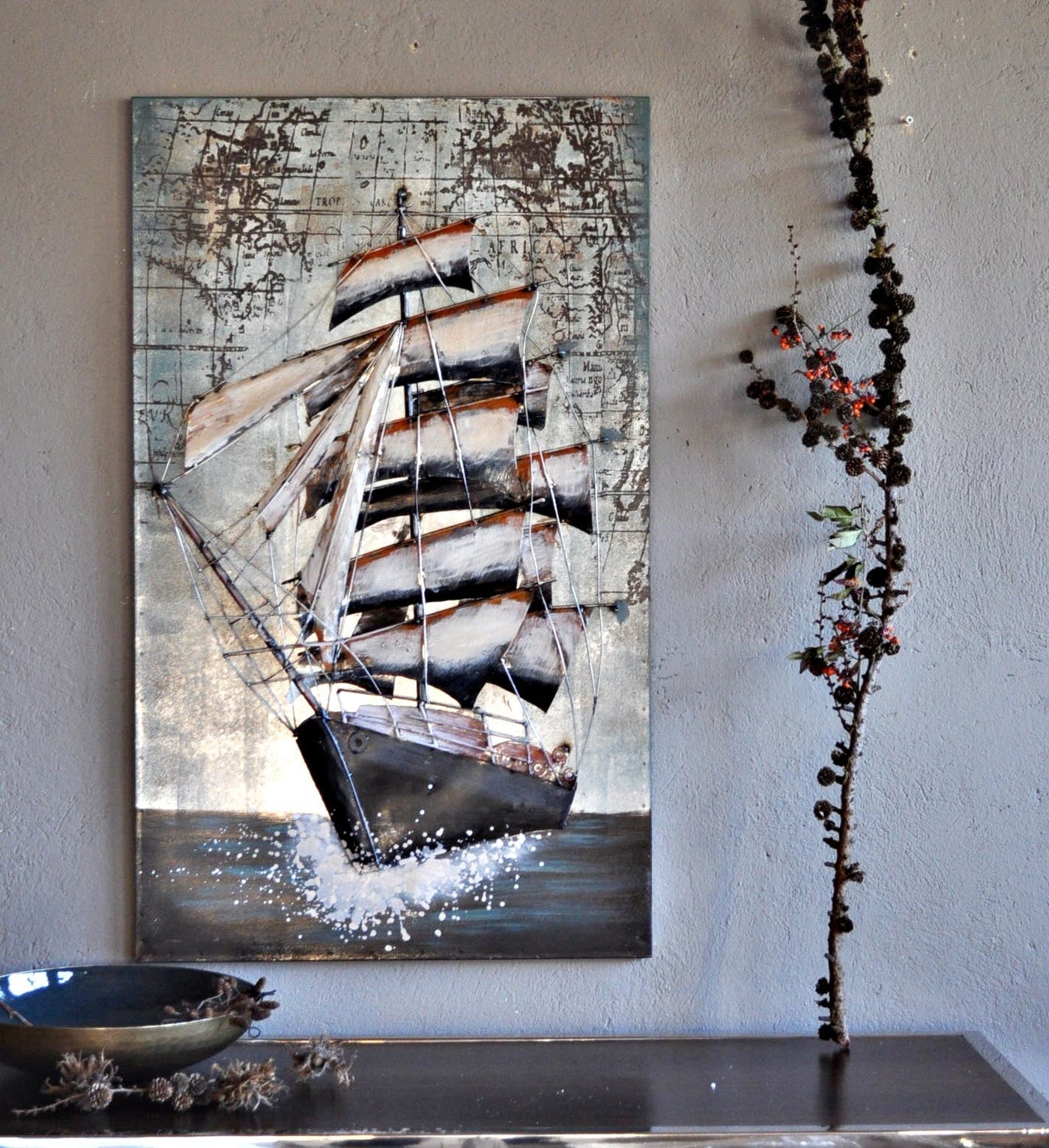 Wandbild aus Metall "Segelschiff mit Weltkarte auf dem Meer 100 x 60 cm Schöne Deko