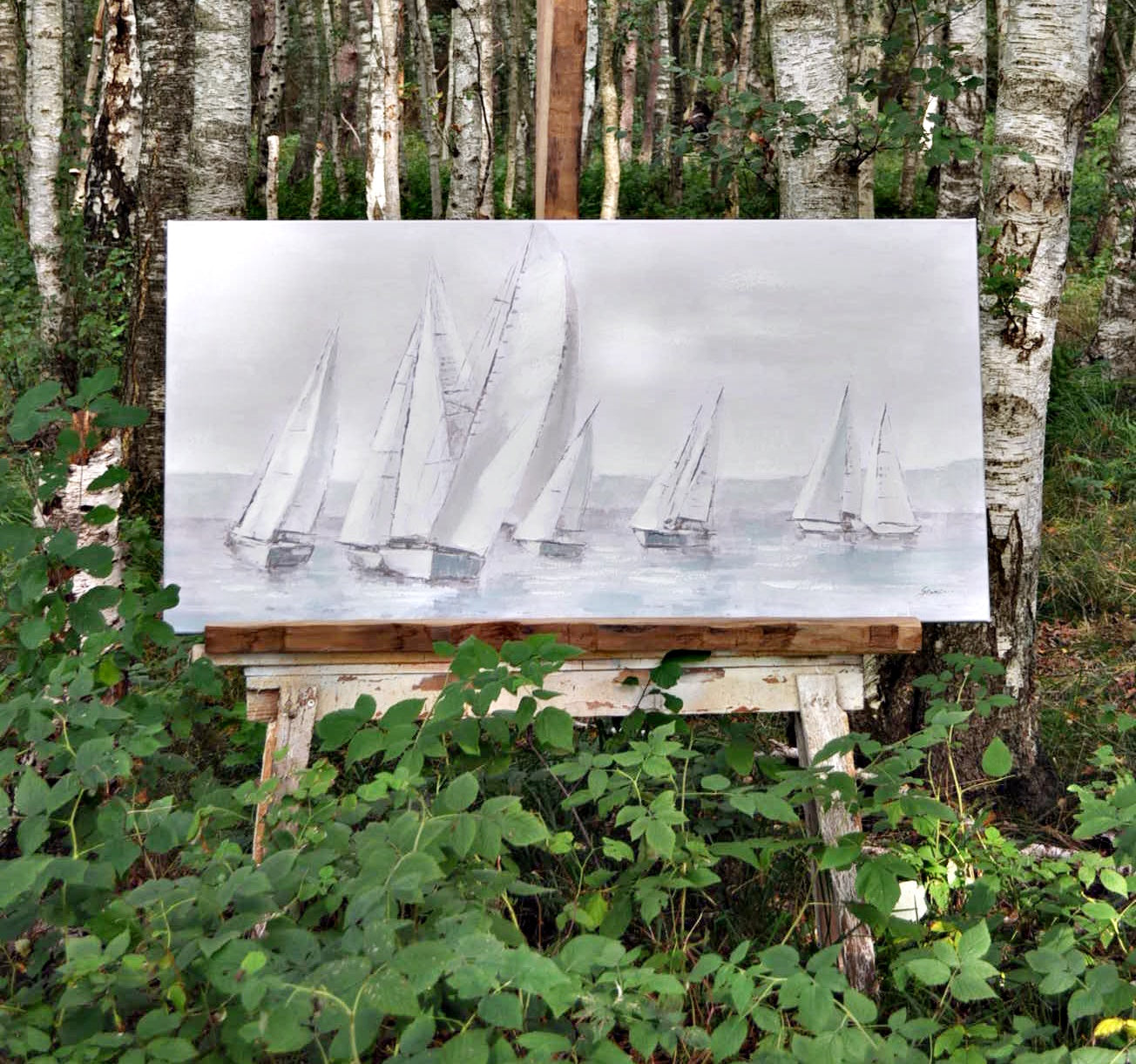 XL Leinwand Bild Segelboote in Pastell / Grau 70 x 140 cm Schöne Deko